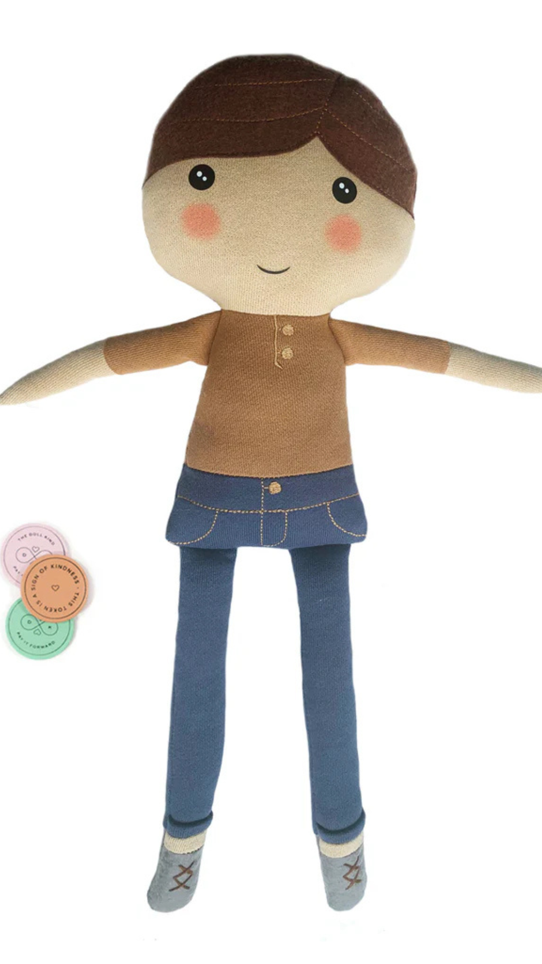 Hope Kindness Doll with 10 colorful kindness tokens arranged in a flat lay, promoting acts of kindness and positivity.