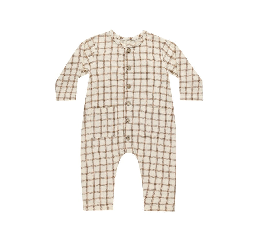 Pocketed Woven Organic Jumpsuit in Cinnamon Plaid, by Quincy Mae