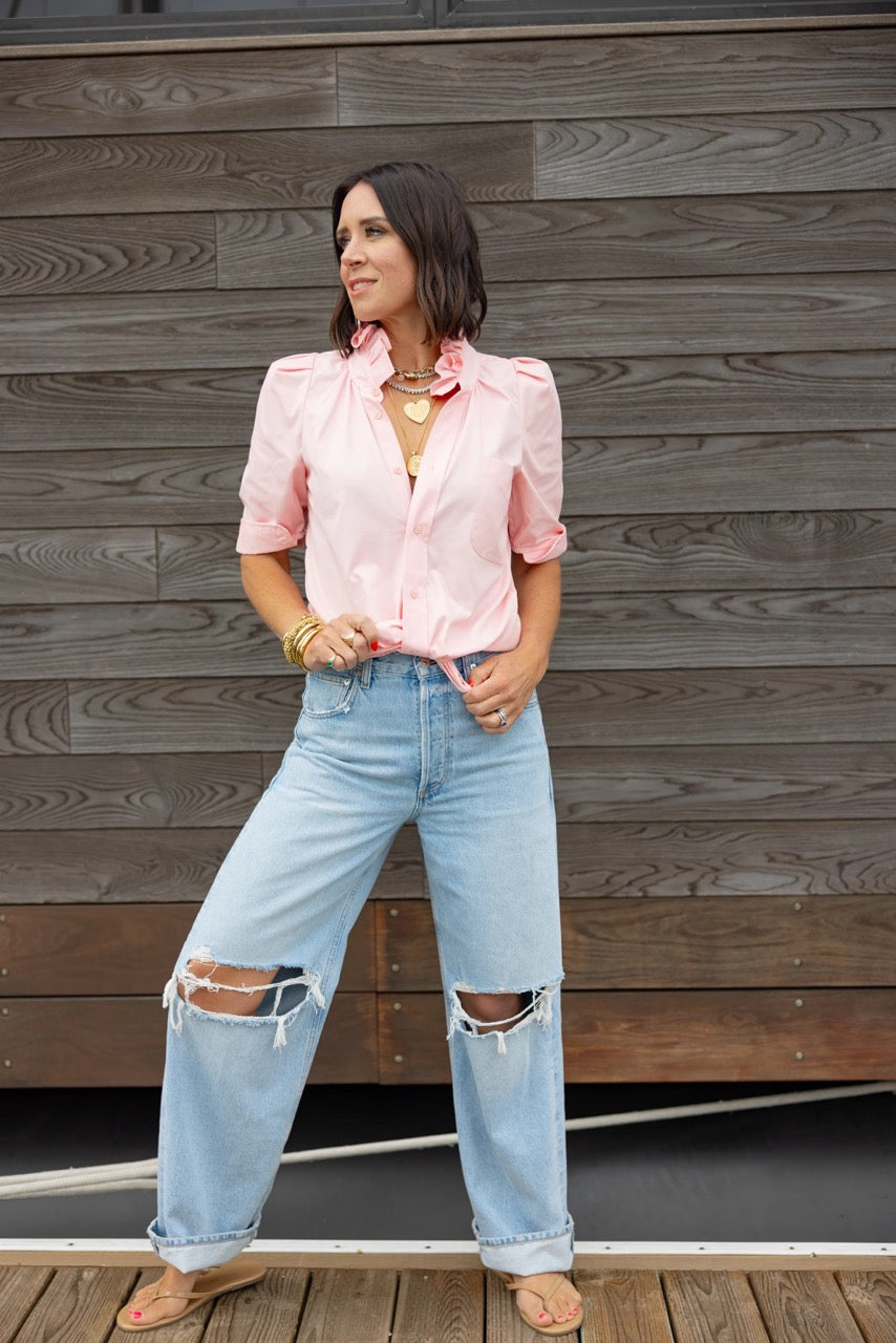 Bontina Blouse – Upcycled Vintage Shirt with ¾ Puff Sleeves & Stand-Up Collar