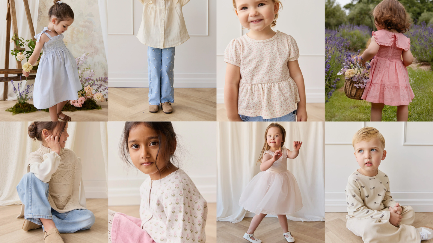 Grid of Jamie Kay organic cotton kids clothing — timeless tops, dresses, and capsule wardrobe pieces, previewing tomorrow’s launch at Grace & Haven