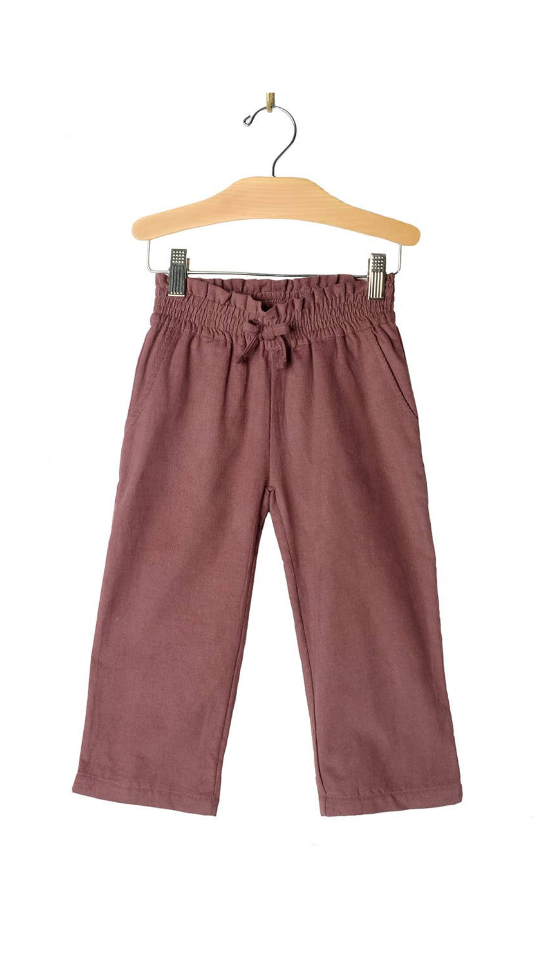 Kids Wide Leg Pants in fall plum color, made from 100% cotton, featuring an elastic waistband and functional pockets for comfort and style.