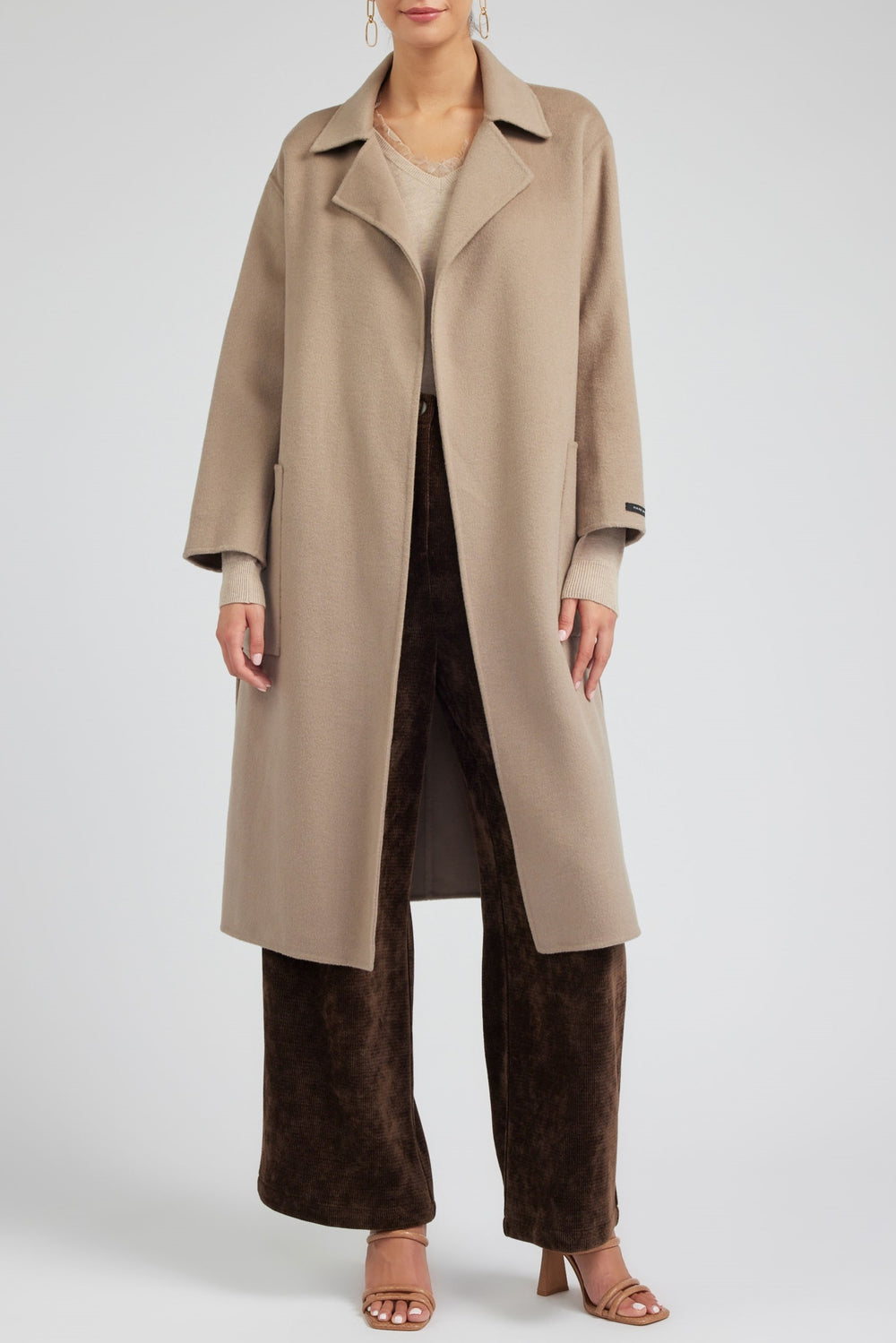 Front view of Lapel-Collar Oversized Wool Coat in chic latte hue, featuring a trendy oversized silhouette and sophisticated lapel collar