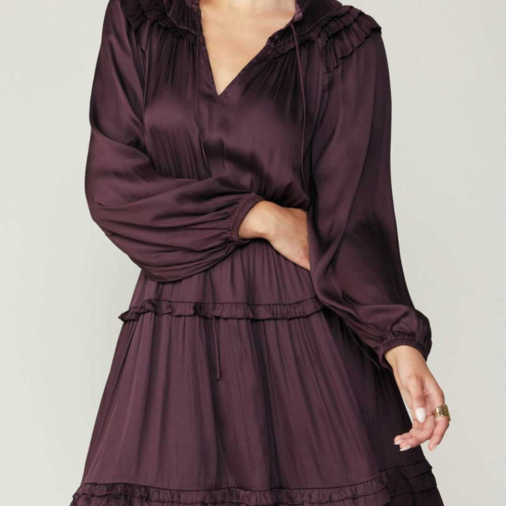 Model wearing Midnight Plum tiered dress with long sleeves and V-neckline