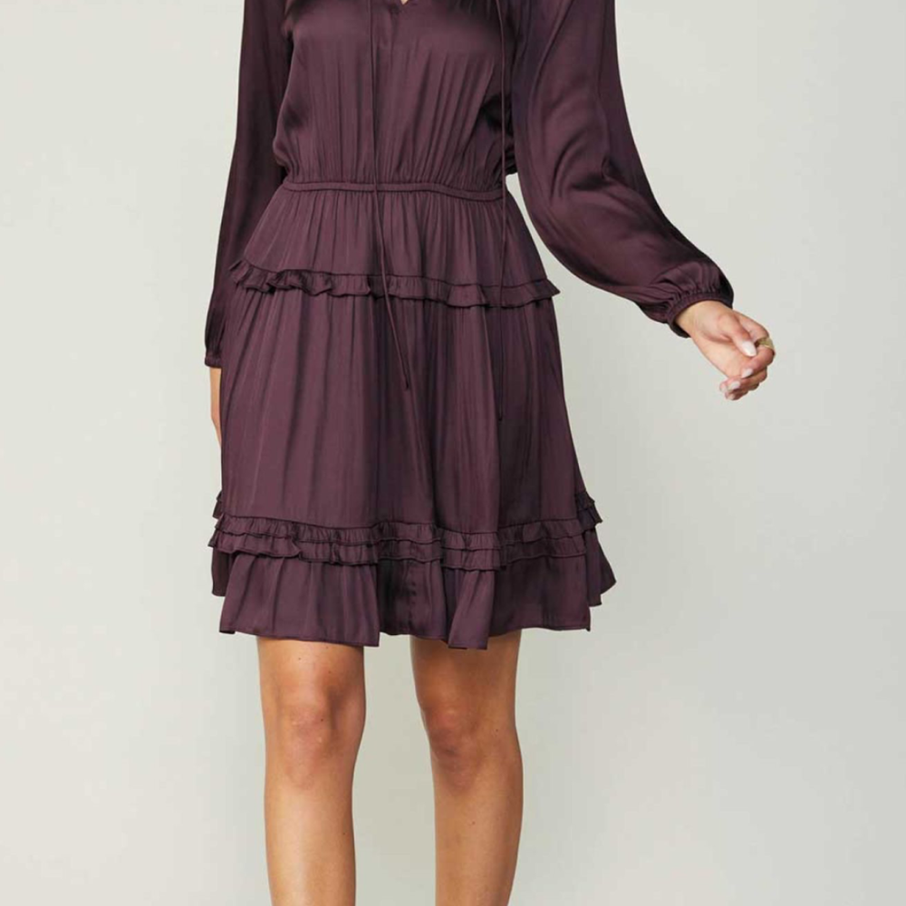 
                      
                        Long-sleeved V-neck tiered dress in Midnight Plum, perfect for special occasions
                      
                    