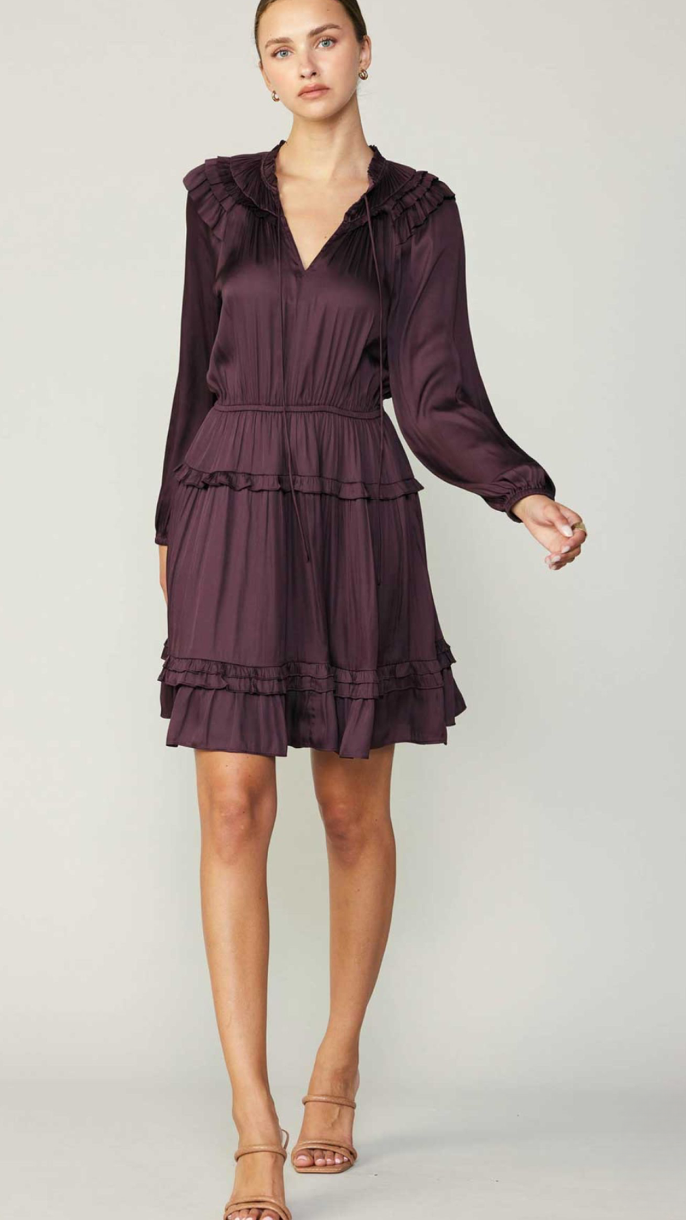 Long-sleeved V-neck tiered dress in Midnight Plum, perfect for special occasions