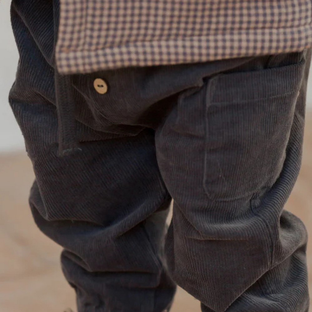 
                      
                        Front view of the Luca Pant in indigo corduroy with elastic waistband and adjustable drawstring.
                      
                    