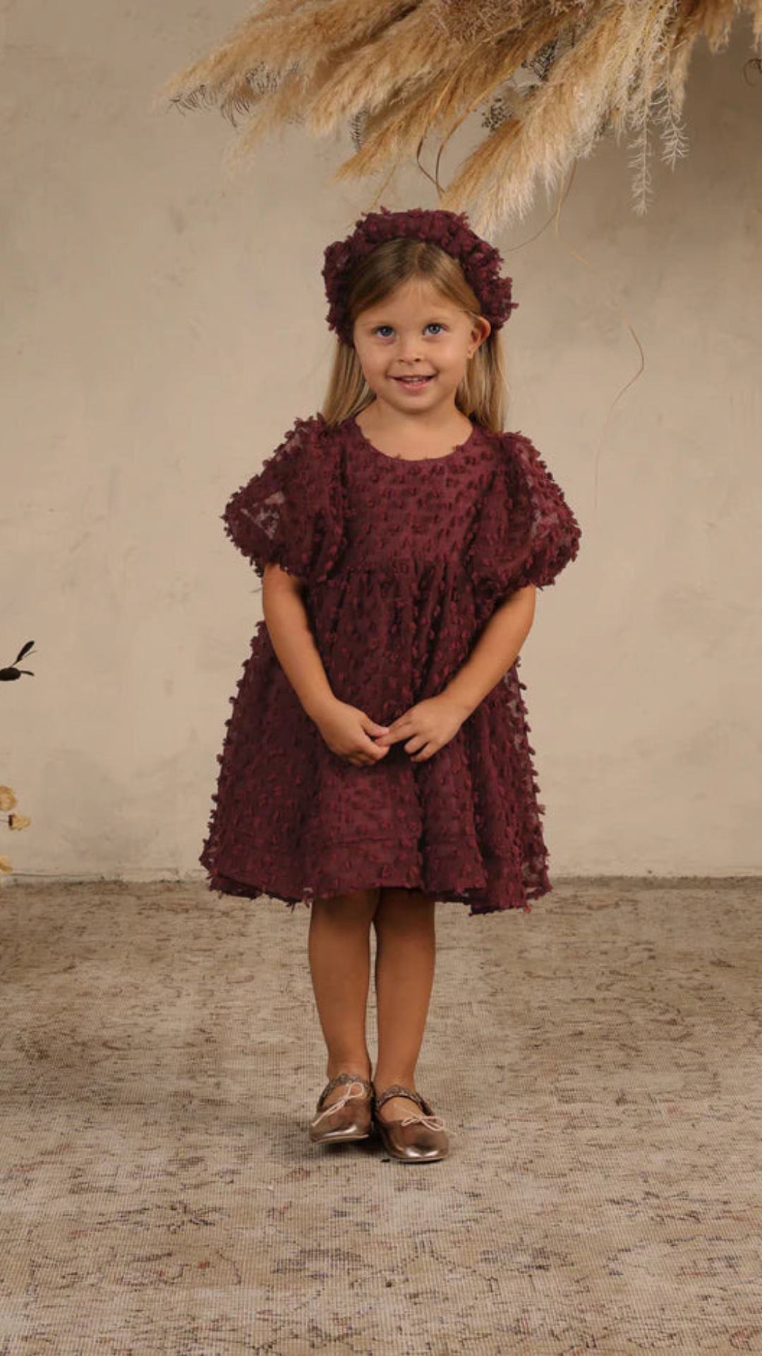 Luna Dress in Fig by Noralee featuring puff sleeves and baby doll silhouette