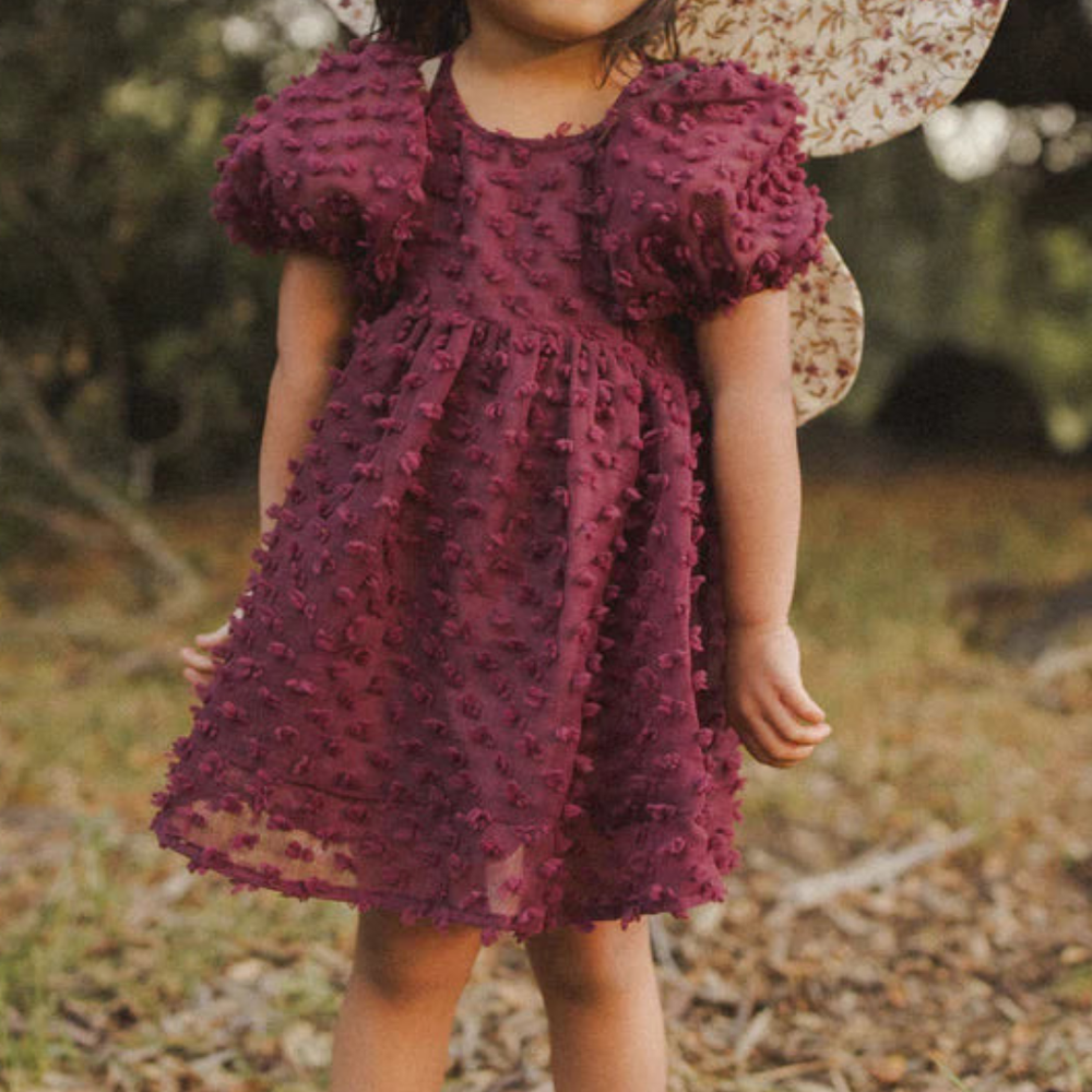 Toddler wearing Luna Dress in fig with coordinating bloomer for size 2y