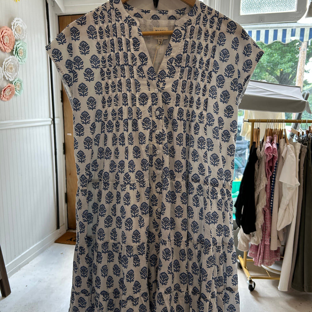 Mackenzie Dress by Marea in Atlantic Bordeaux hanging in store at Grace & Haven in Essex, CT, featuring a relaxed fit, functional buttons, and fully lined lightweight fabric, perfect for summer outings and casual weekends.