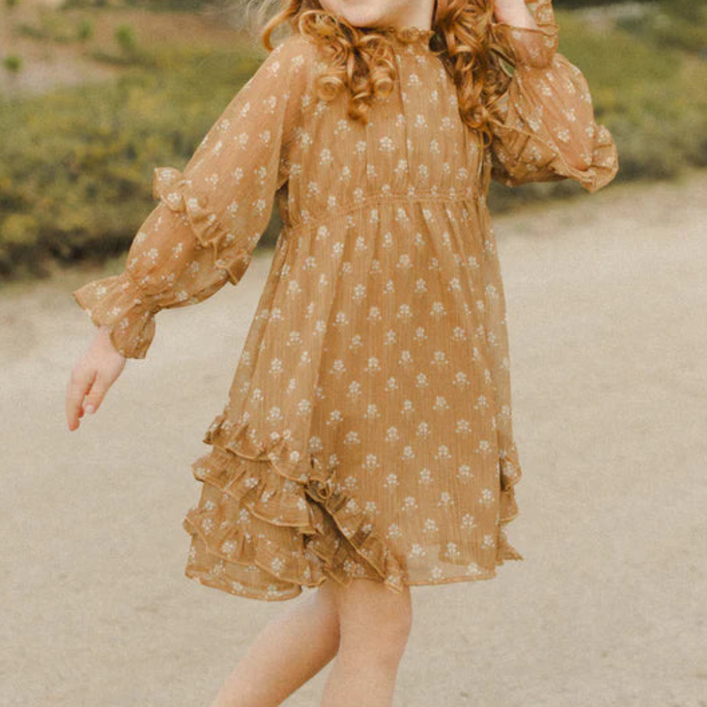 Mirabelle Dress in Daisy by Noralee with golden and ivory floral print