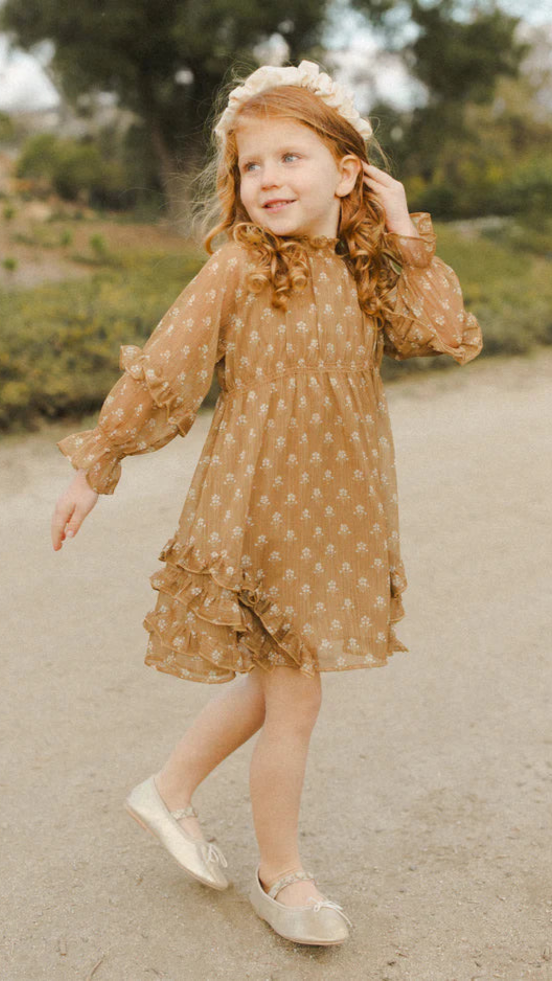 Mirabelle Dress in Daisy by Noralee with golden and ivory floral print