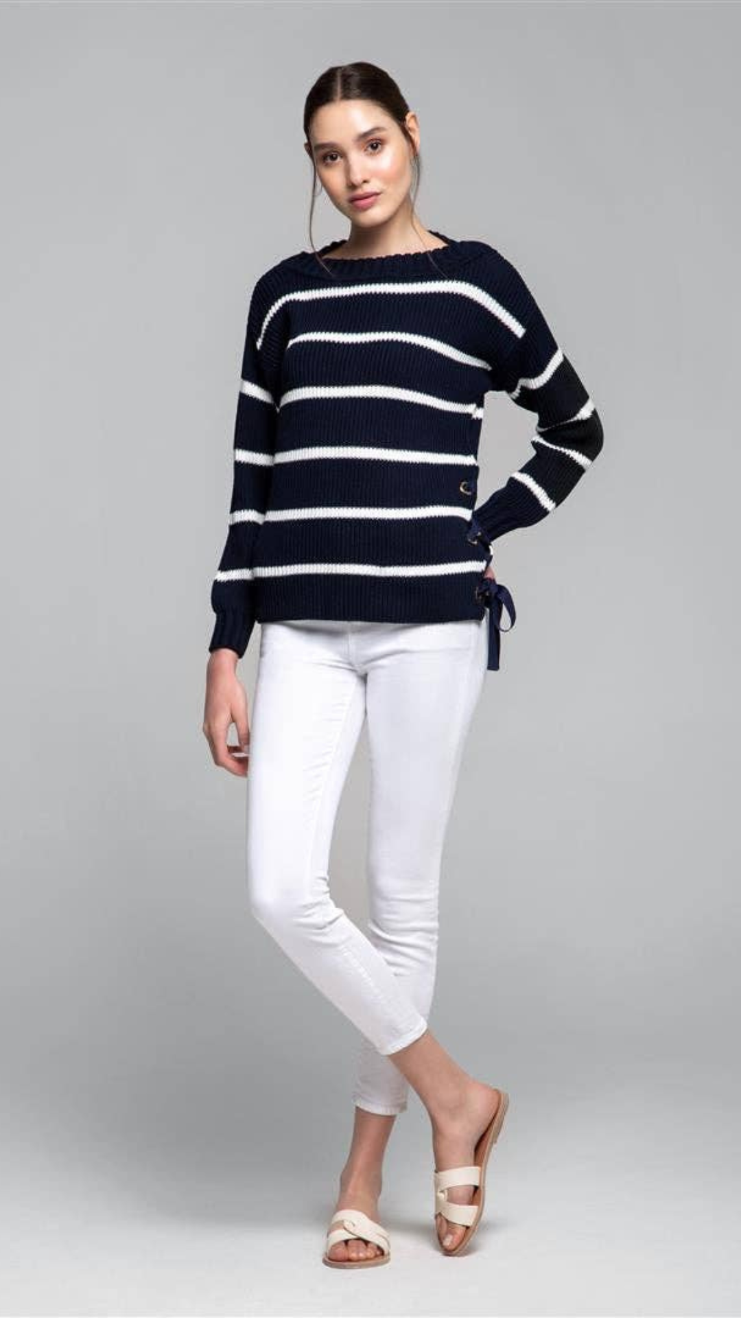 Front view of Monaco Sweater in cotton with contemporary design and side slit