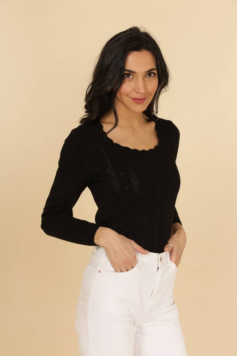 Moni Black Knit Top with long sleeves, square scalloped neckline, and openwork details.