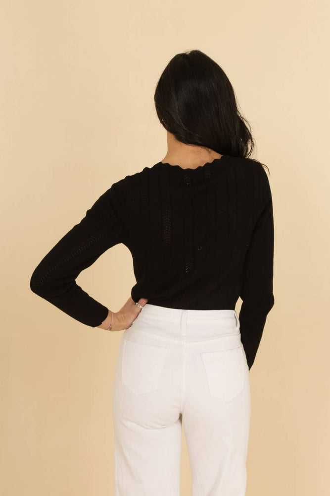 
                      
                        Featuring long sleeves and a unique square scalloped neckline, this top combines classic knitwear with stylish openwork details. 
                      
                    