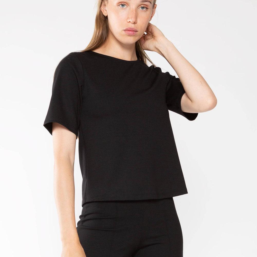 Elevate your everyday style with the Ponte Knit Short Sleeve Top in Black by Ripley Rader. 