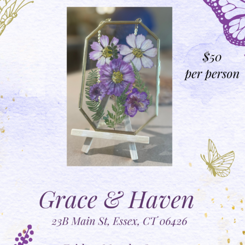 Flyer for Pressed Flower Hanging Frames Workshop at Grace & Haven on March 28, 2025, featuring a delicate glass-framed pressed flower display, event details, and registration link.