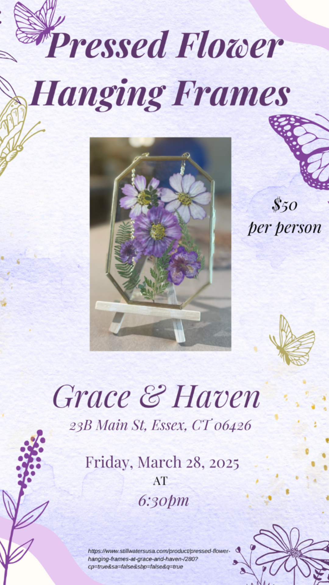 Flyer for Pressed Flower Hanging Frames Workshop at Grace & Haven on March 28, 2025, featuring a delicate glass-framed pressed flower display, event details, and registration link.