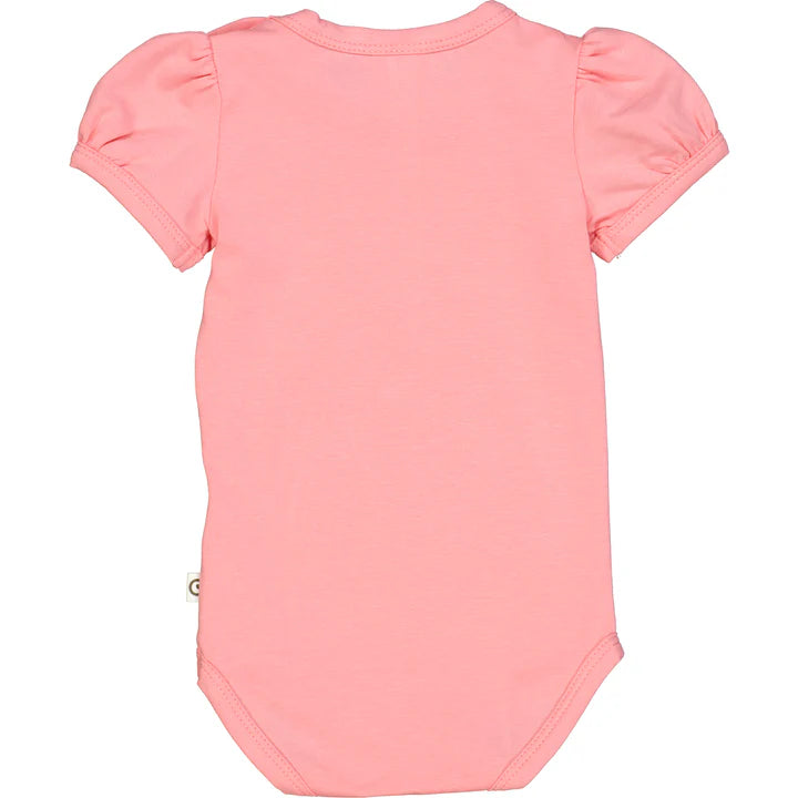 Back view of the Puff Sleeve Onesie in pink, showing the soft and stretchy organic cotton fabric and sweet puff sleeve detail.