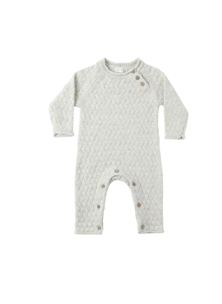 Flatlay of Quincy Mae Cozy Heather Knit Jumpsuit in Heathered Blue with raglan sleeves and coconut buttons.