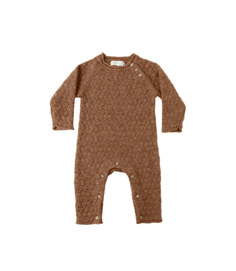 Flatlay of Quincy Mae Cozy Heather Knit Jumpsuit in Heathered Cedar with raglan sleeves and coconut buttons.