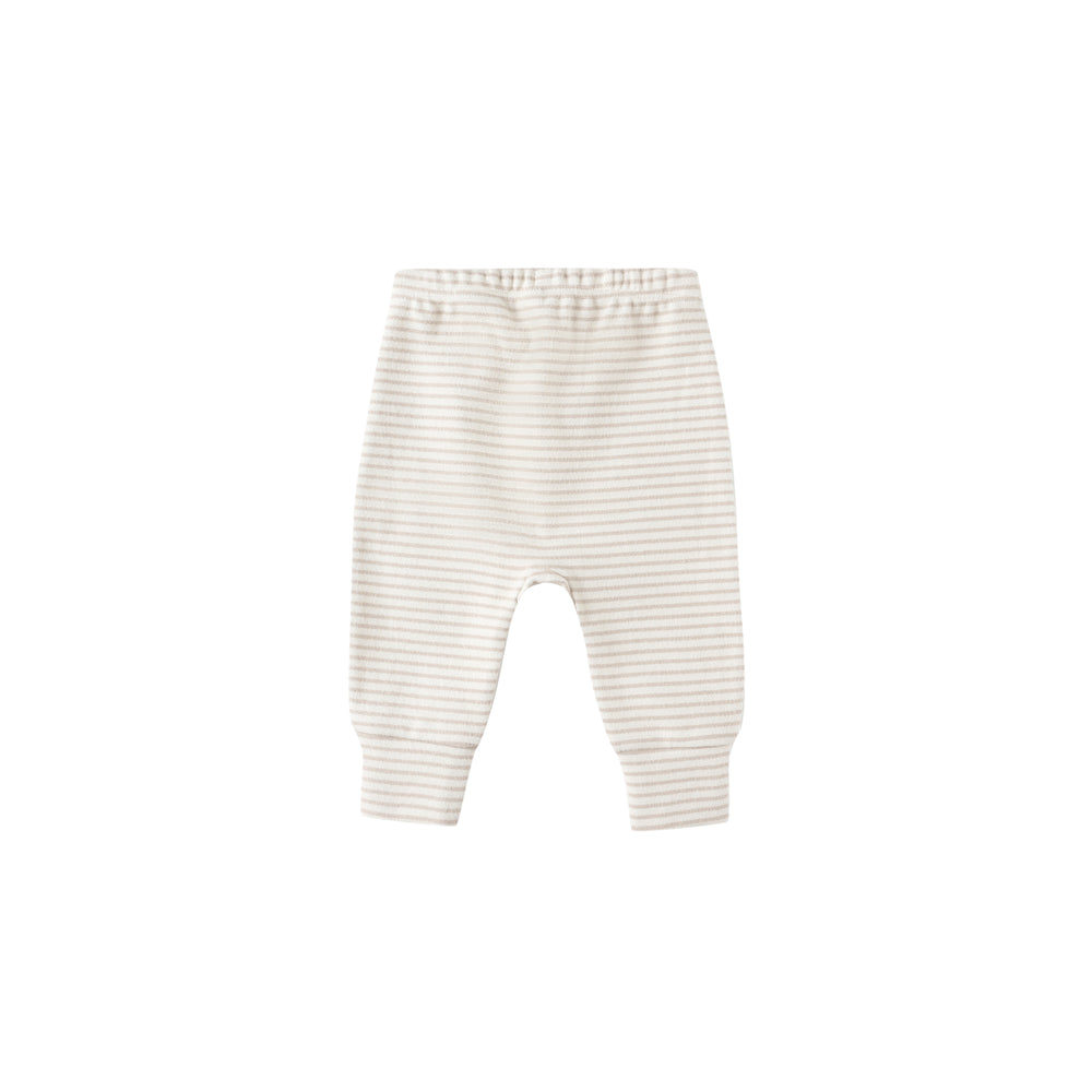 Back view of Quincy Mae Drawstring Pant in oat micro stripe, made from organic cotton with a relaxed fit for babies and toddlers.
