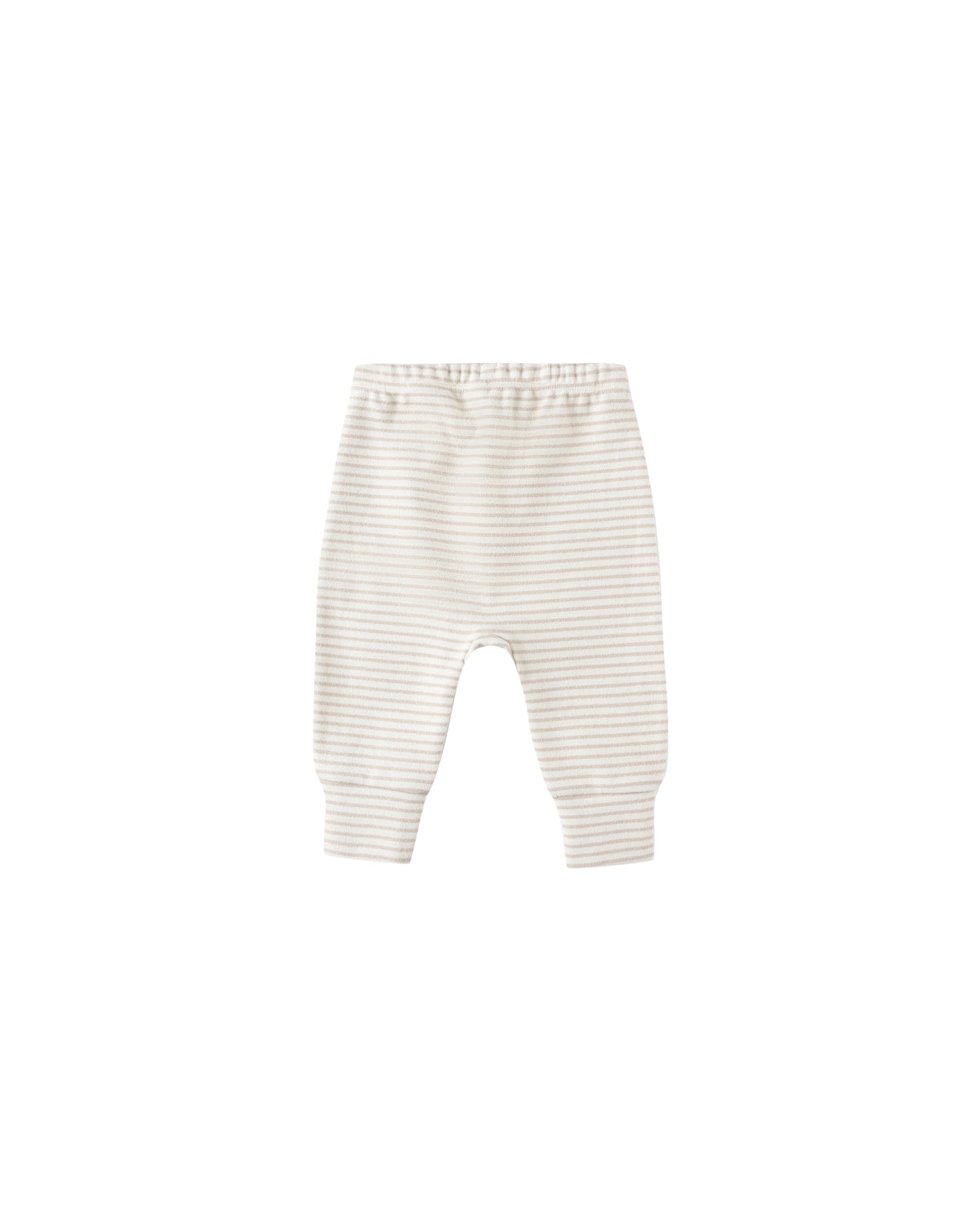 Back view of Quincy Mae Drawstring Pant in oat micro stripe, made from organic cotton with a relaxed fit for babies and toddlers.