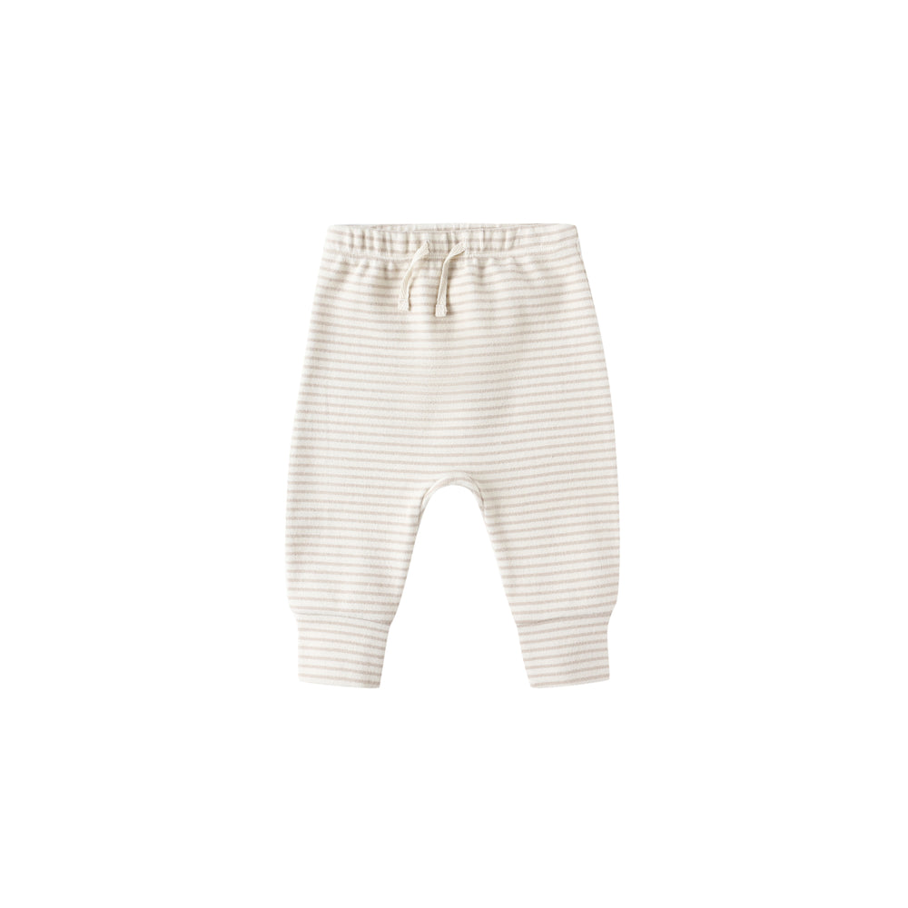 Front view of Quincy Mae Drawstring Pant in oat micro stripe, showcasing soft organic cotton fabric and comfortable drawstring waistband.