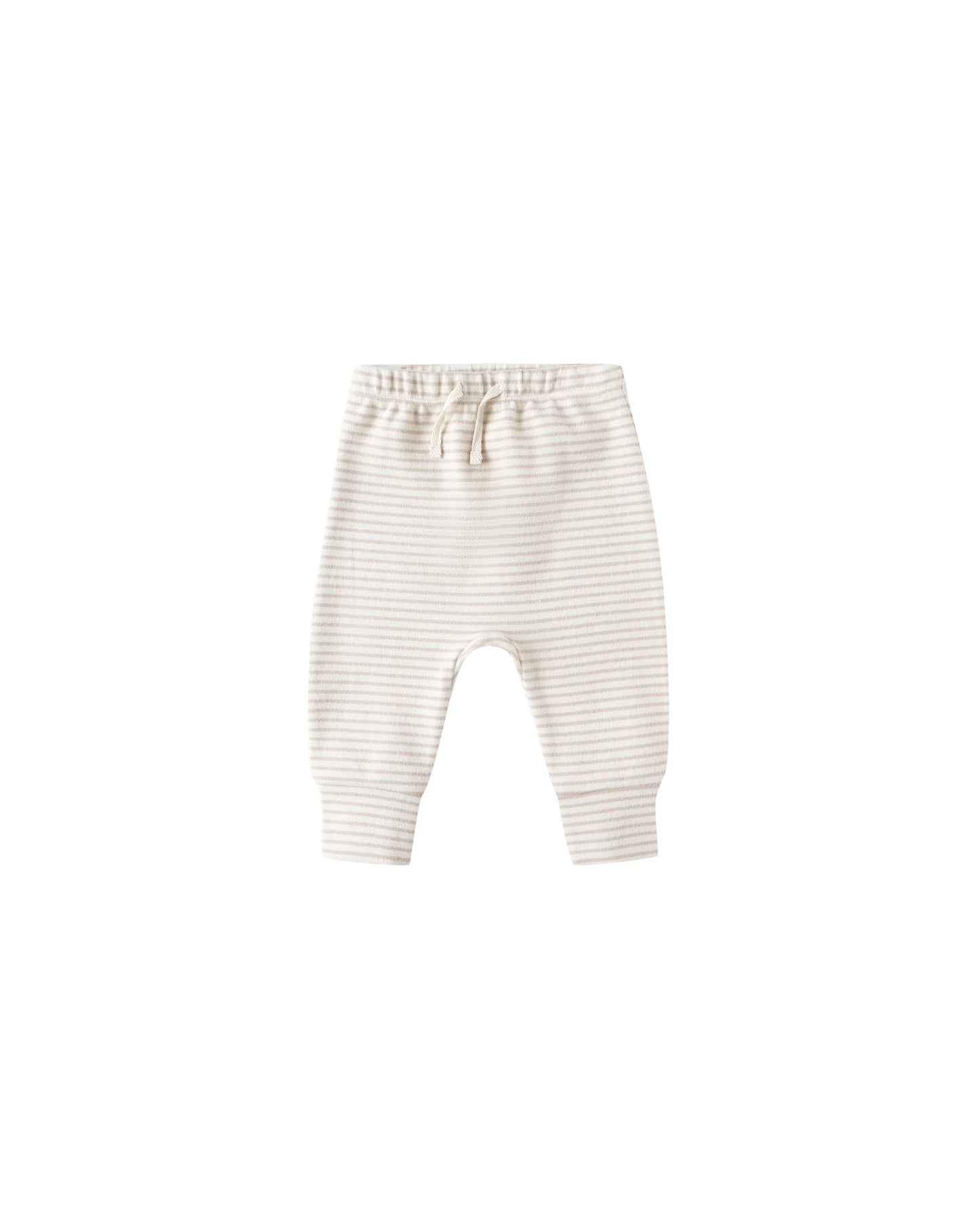 Front view of Quincy Mae Drawstring Pant in oat micro stripe, showcasing soft organic cotton fabric and comfortable drawstring waistband.
