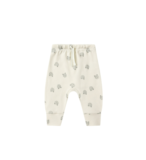 Flatlay of Quincy Mae Drawstring Pant in Bears print on natural background.