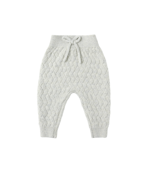Flatlay of the Quincy Mae Knit Pant in Heathered Blue, featuring ribbed waist, ribbed cuffs, and fixed front tie detail.