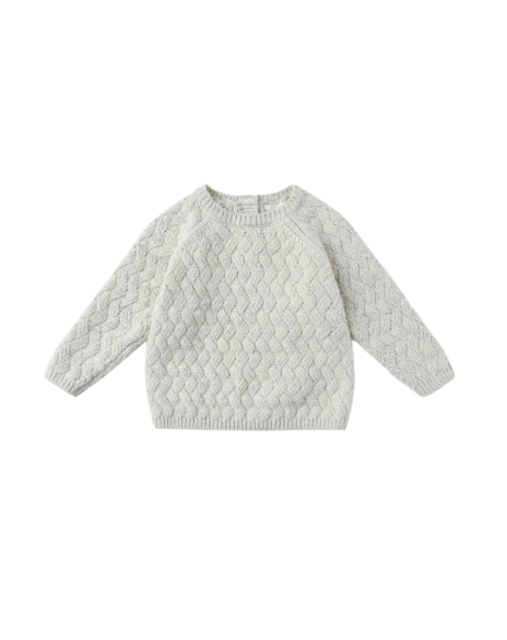 Flatlay of the Quincy Mae Knit Sweater in Heathered Blue, featuring ribbed neck, cuffs, waist, and two-button back placket.