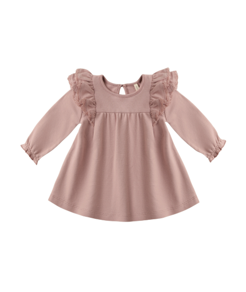 Flatlay of Quincy Mae Long Sleeve Flutter Dress in Rose with matching bloomers.