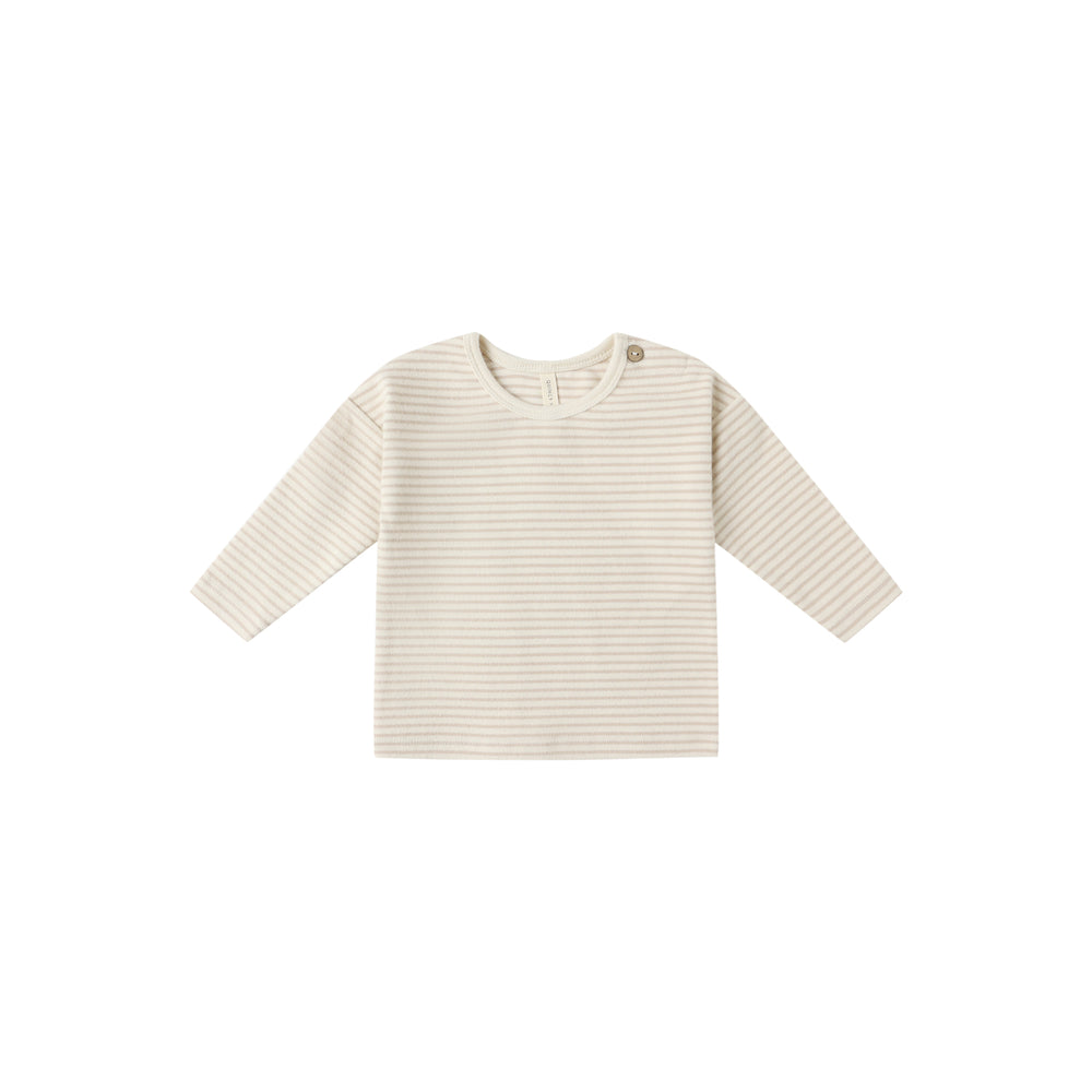 Front view of Quincy Mae Long Sleeve Tee in oat micro stripe, made from soft organic cotton for babies and toddlers.