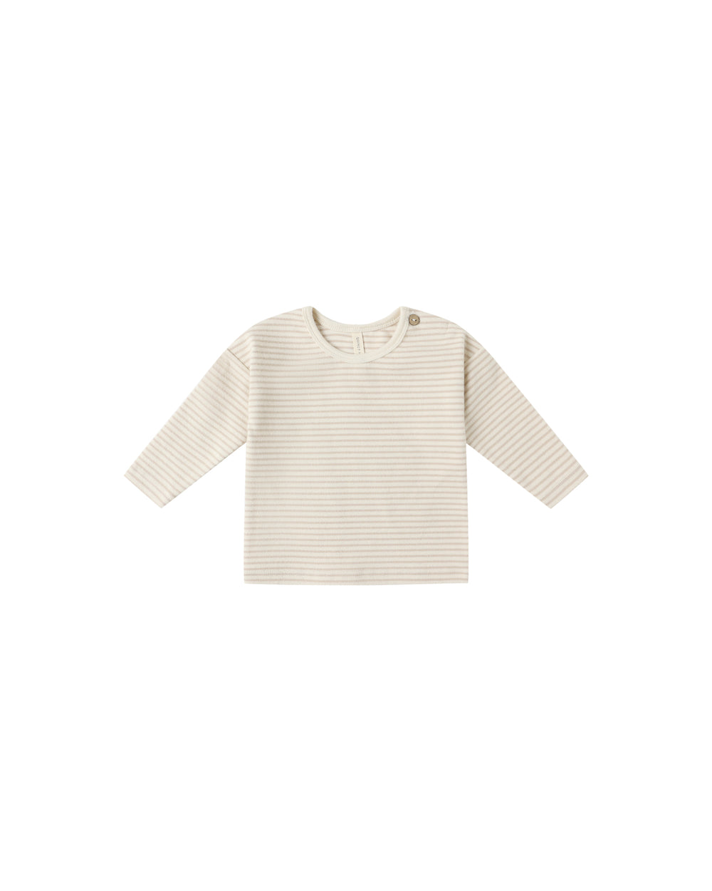 Front view of Quincy Mae Long Sleeve Tee in oat micro stripe, made from soft organic cotton for babies and toddlers.