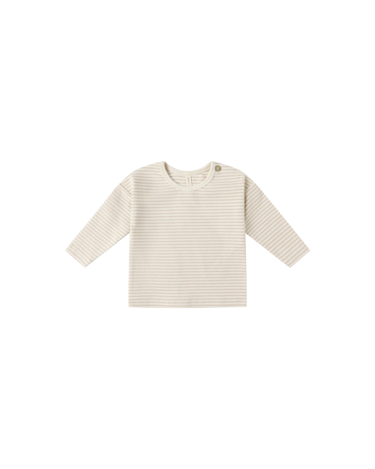 Front view of Quincy Mae Long Sleeve Tee in oat micro stripe, made from soft organic cotton for babies and toddlers.