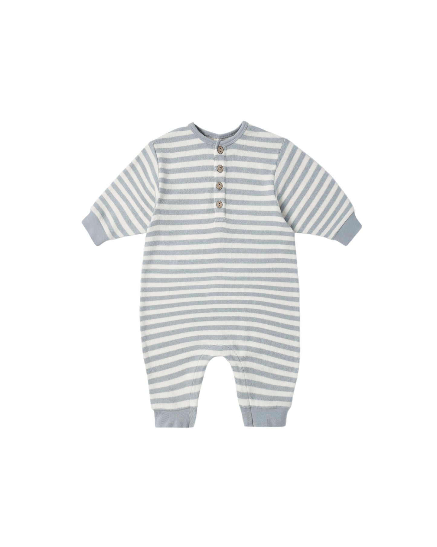 Flatlay of Quincy Mae Relaxed Jumpsuit in Blue Stripe with coconut buttons.