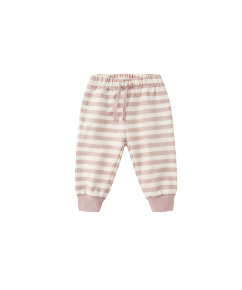 Flatlay of the Quincy Mae Relaxed Sweatpants in Pink Stripe, made from a soft organic cotton blend, featuring a relaxed fit and elastic waistband for cozy comfort.