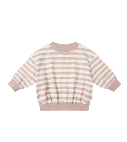 Flatlay of the Quincy Mae Relaxed Sweatshirt in Pink Stripe, made from a soft organic cotton blend, featuring a relaxed fit for comfort and layering.
