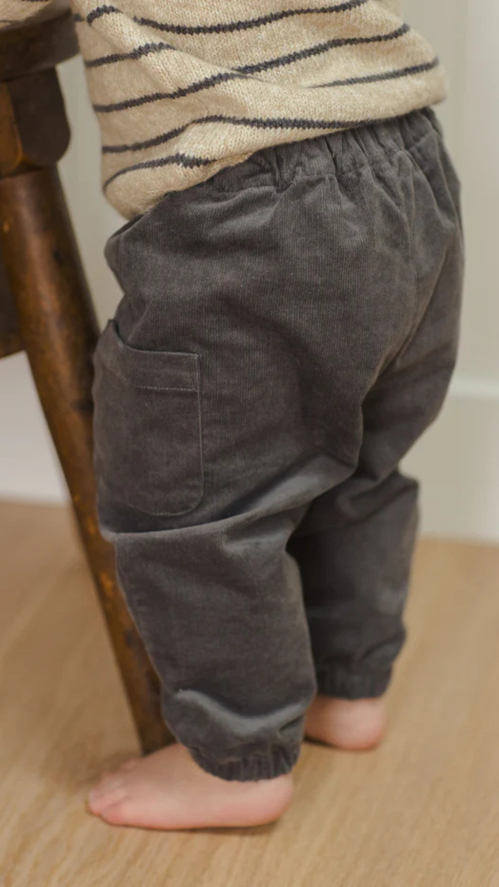 Close-up of the Luca Pant showing the soft corduroy texture and side pockets.