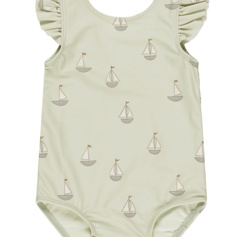 A clean, no-background flatlay of the Scoop Back One-Piece Swimsuit - Sailboats, highlighting its delicate sailboat print, soft muted green color, flutter sleeves, and scoop back design. Made with stretchy, quick-drying fabric and built-in sun protection for little swimmers.