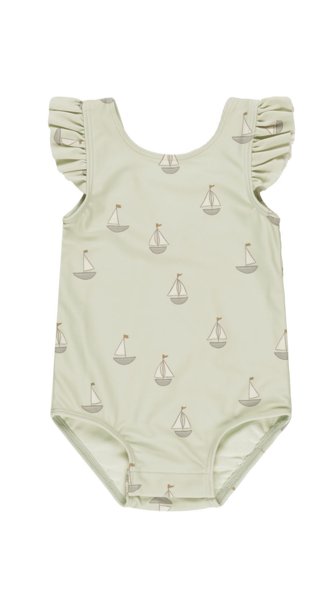 A clean, no-background flatlay of the Scoop Back One-Piece Swimsuit - Sailboats, highlighting its delicate sailboat print, soft muted green color, flutter sleeves, and scoop back design. Made with stretchy, quick-drying fabric and built-in sun protection for little swimmers.