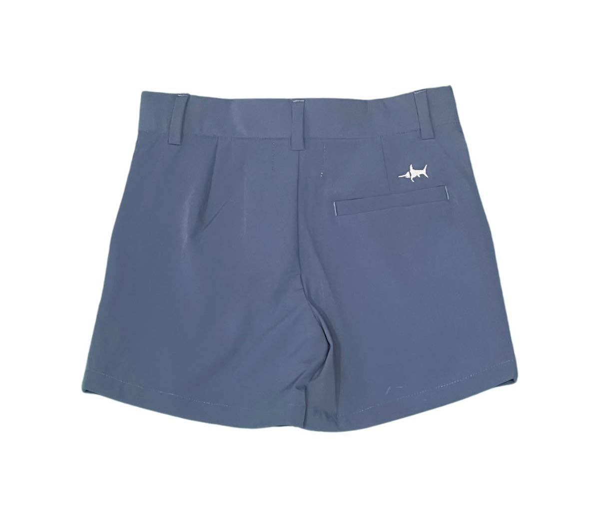 Saltwater Boys structured chino shorts in blue, showing back embroidered fish detail