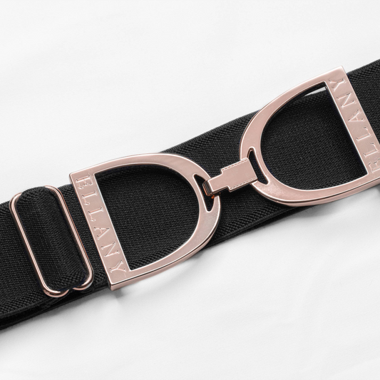Black - 1.5" Rose Gold Stirrup Equestrian Elastic Belt: Standard (Youth - Adult 2XL) - Grace & Haven
