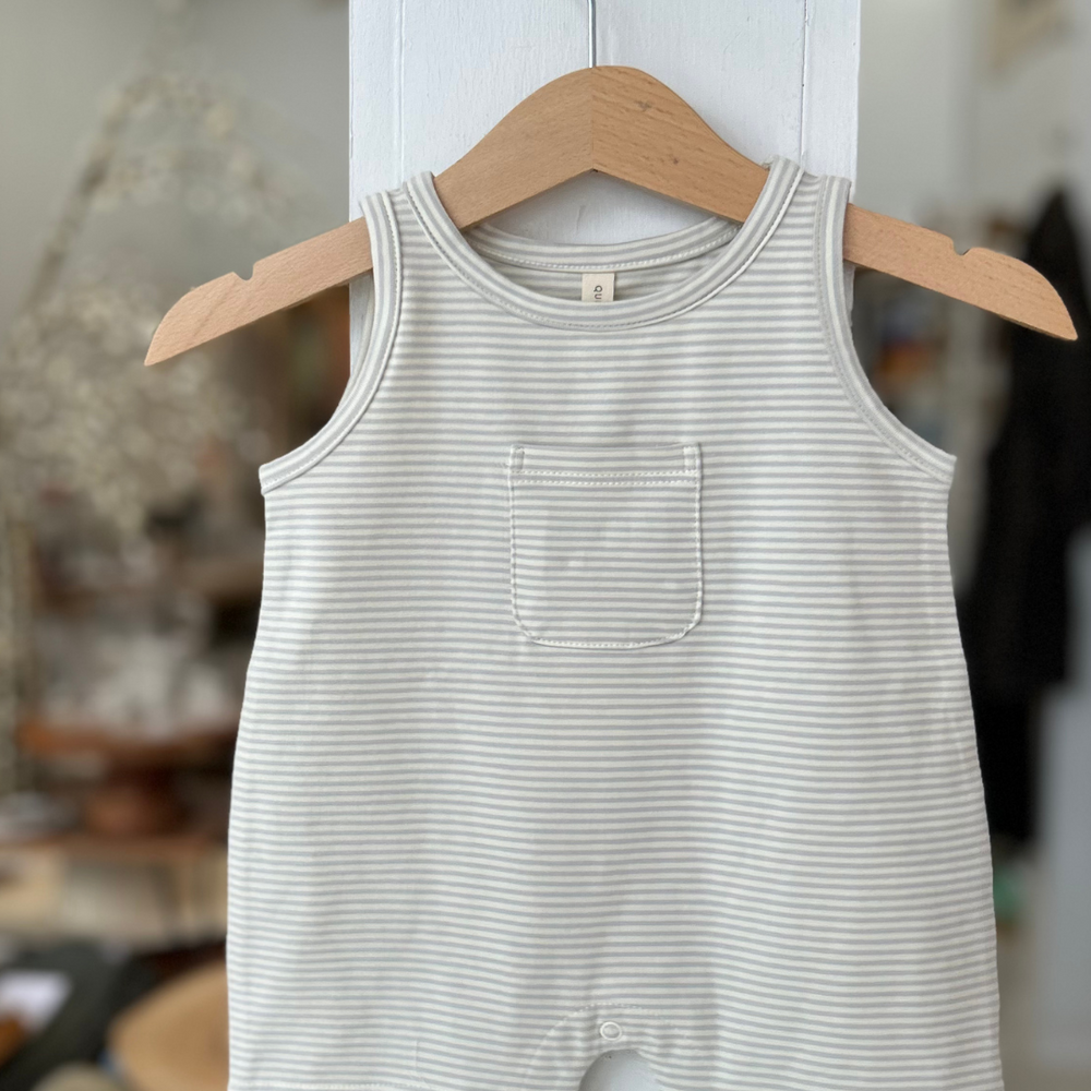 Let your little one stay cool and comfy in the Sleeveless Romper - Sky Stripe by Rylee + Cru. 