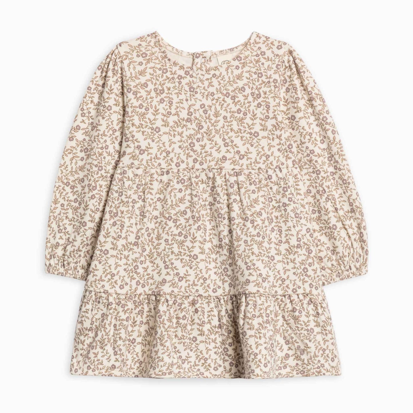 Flatlay of  two tiered gathered dress featuring long puff sleeves with elastic openings by Colored Organics