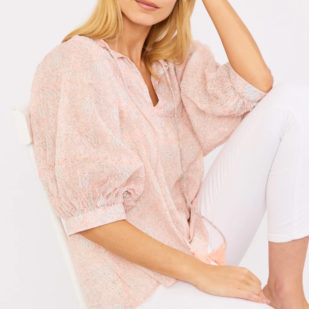 Elegant Steph Top by Liz in Blush color with a delicate pink block print, perfect for pairing with white denim this Spring