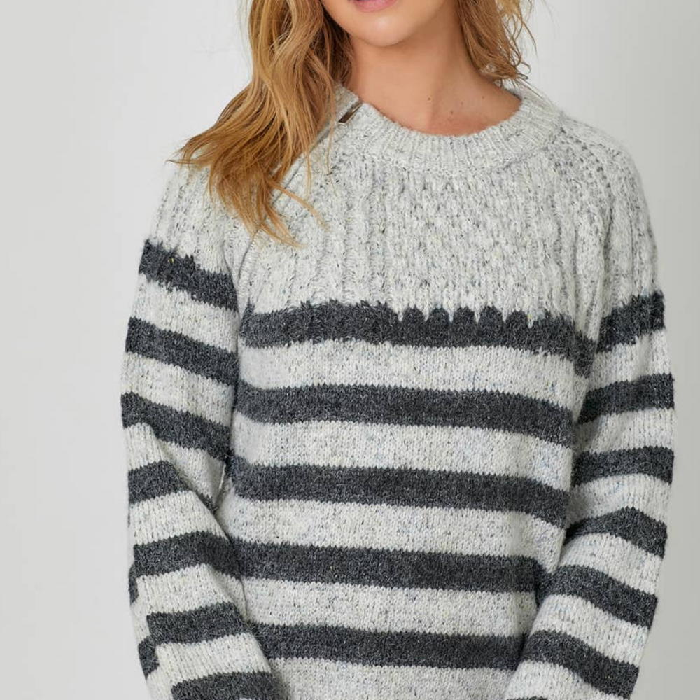 
                      
                        Front view of the Stripe Pullover Sweater showcasing its stylish stripe pattern and modern crew neck design.
                      
                    