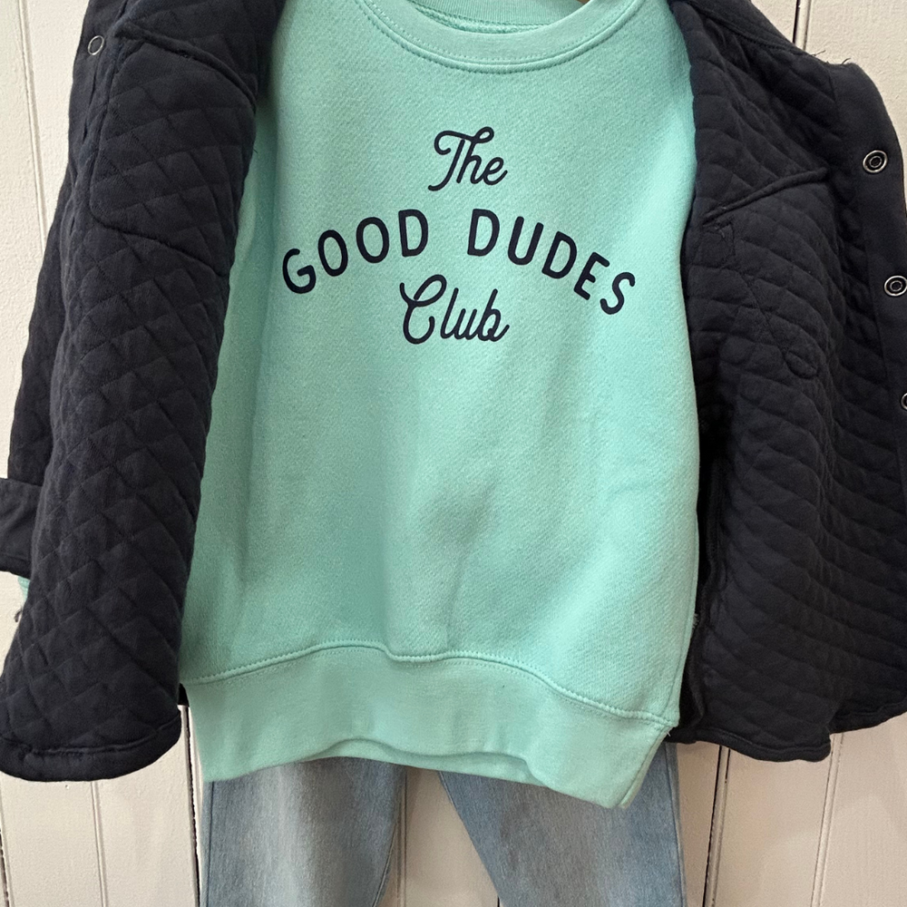 
                      
                        The Good Dudes Club sweatshirt for boys paired with a quilted shirt/jacket from Colored Organics and cute light wash Rugged Butts jeans. This stylish outfit for your favorite toddler is perfect for everyday wear, available in limited stock for size 4T.
                      
                    