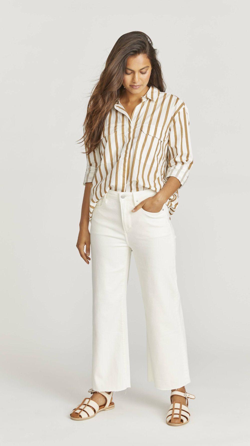 Front view of The Mona Wide Leg Jean in white wash with cut-off hem