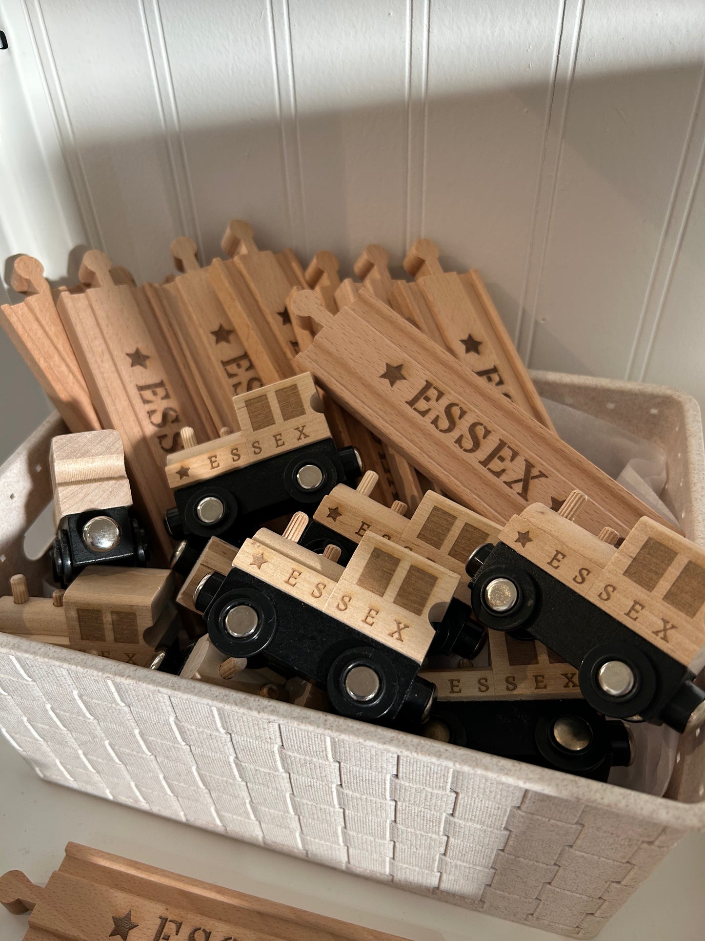 Wooden train engine and piece of track engraved with "Essex" - the perfect way to commemorate your trip on the Steam Train or North Pole Express while in Essex, CT